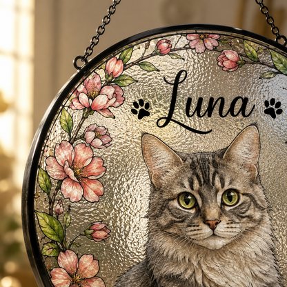 Custom Photo Cat Glass Suncatcher Decor – Personalized Pet Portrait Memorial Gift THUC99