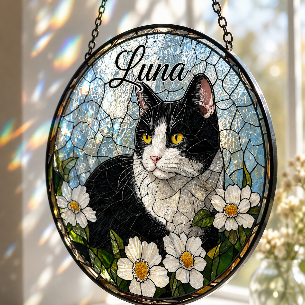 Personalized Cat Stained Glass Suncatcher – Custom Pet Photo Window Decor For Cat Lover THUC99