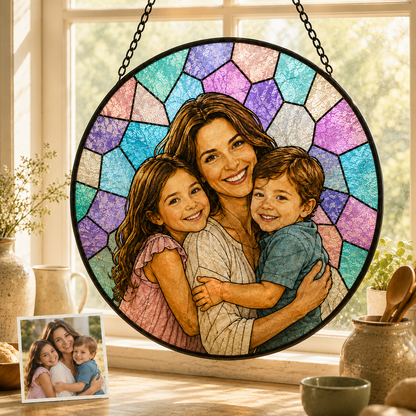 Personalized Mom & Grandma Portrait Glass Suncatcher, Custom Family Photo Window Hanging Decor THUC99