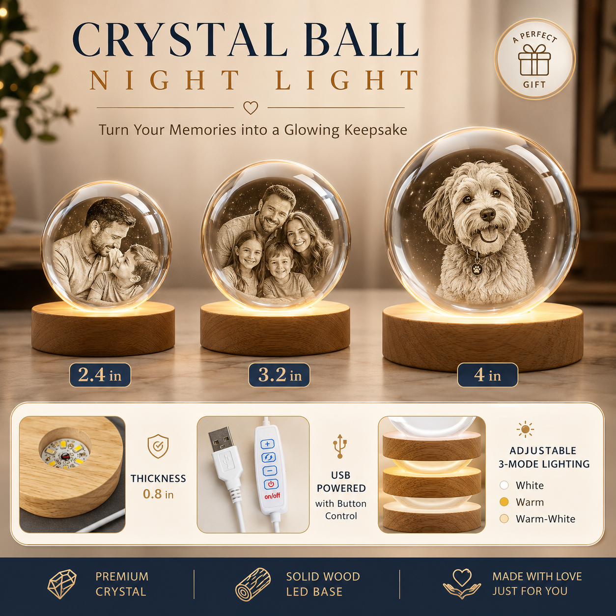 Custom Dad Photo Crystal Ball Light, Personalized First Father's Night Light Gift For Dad THUC99