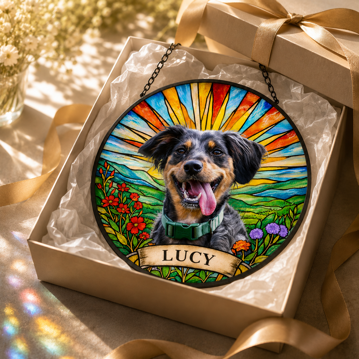 Custom Photo Dog Stained Glass Suncatcher – Custom Dog Lover Gifts | Dog Memorial Gifts
