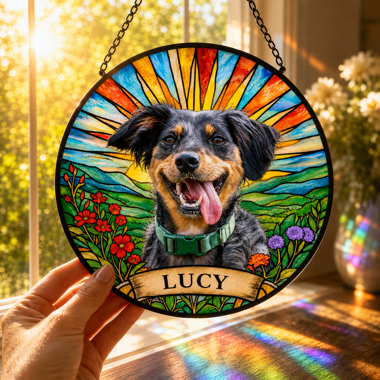 Custom Photo Dog Stained Glass Suncatcher – Custom Dog Lover Gifts | Dog Memorial Gifts