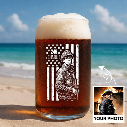 Custom Photo Firefighter American Flag Stemless Wine Glass, Personalized Firefighter Gift THUC99