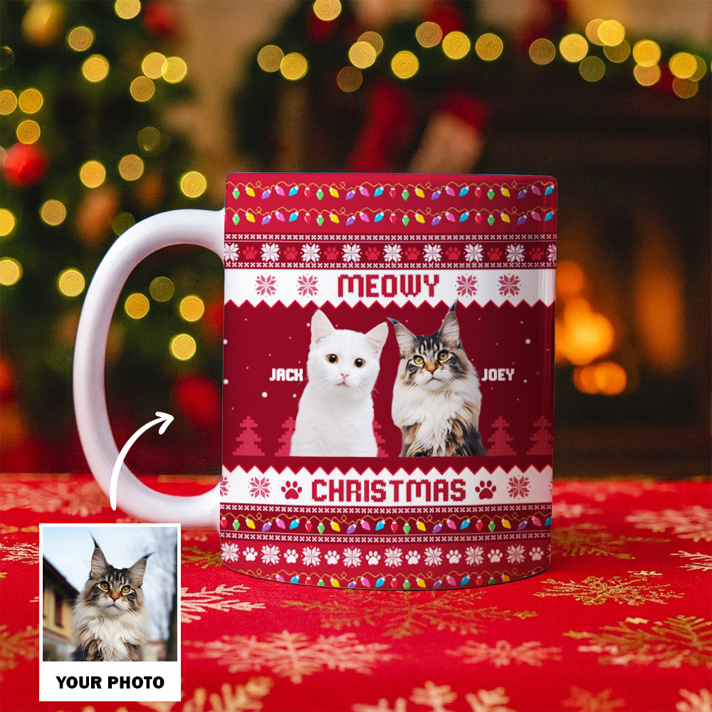 Personalized Photo Cat Meowy Christmas Mug – Custom Pet Face Christmas Gift for Cat Lovers TH99