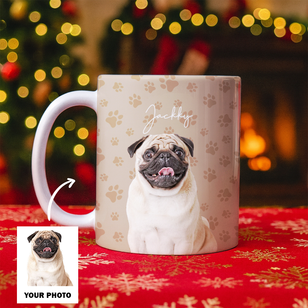 Custom Photo Pet Dog Cat Mug – Personalized Pet Face with Paw Pattern Style 1 TH99