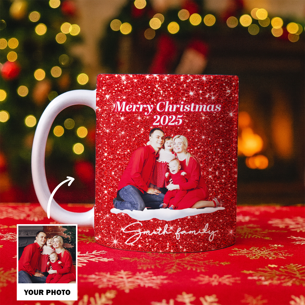 Personalized Family Photo Christmas Mug – Custom Red Design Ceramic Cup, Holiday Gift for Family, Festive Coffee Cup, Custom Xmas PresentTH99