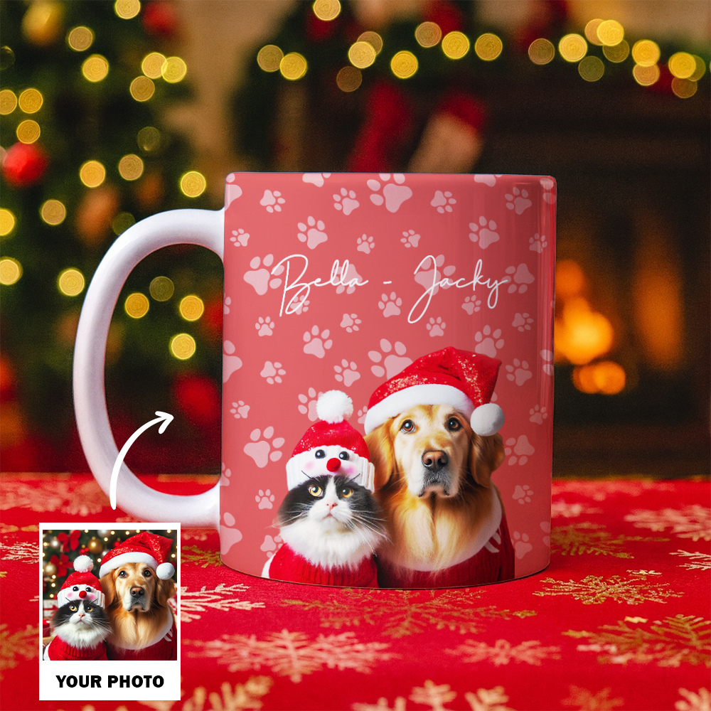 Custom Photo Pet Dog Cat Mug – Personalized Pet Face with Paw Pattern Style 5 TH99