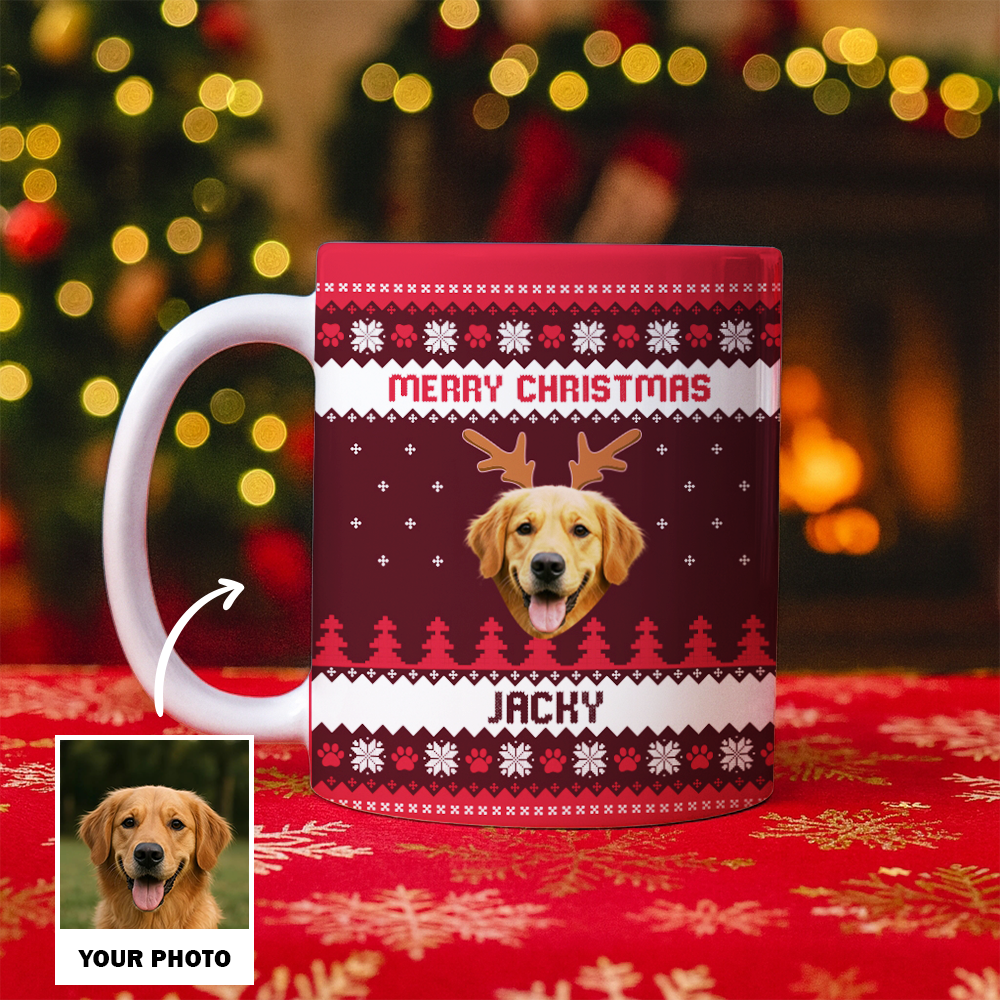 Personalized Dog Photo Merry Christmas Mug – Custom Pet Ceramic Coffee Cup, Holiday Gift for Dog Lovers TH99