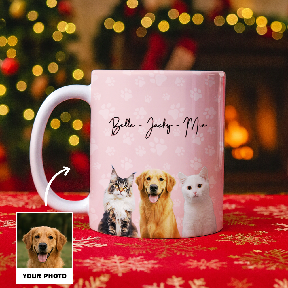 Custom Photo Pet Dog Cat Mug – Personalized Pet Face with Paw Pattern Style 2 TH99