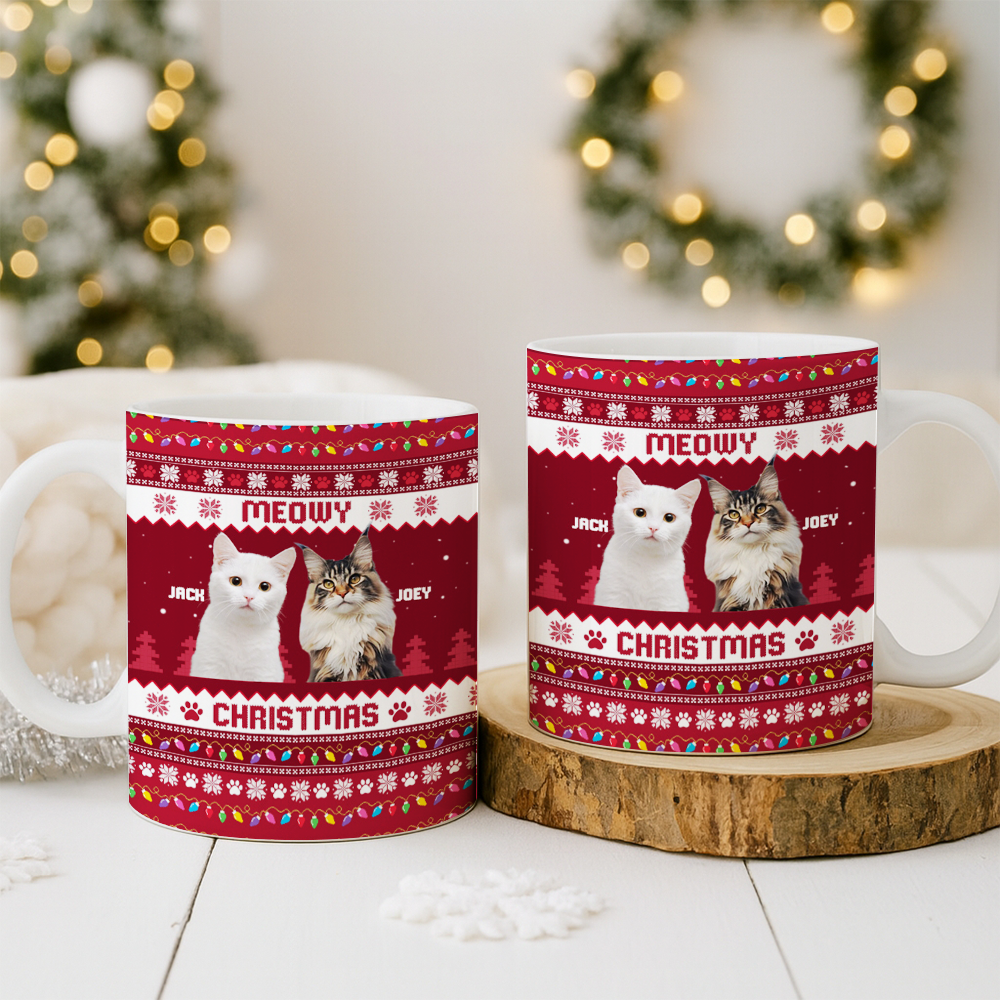 Personalized Photo Cat Meowy Christmas Mug – Custom Pet Face Christmas Gift for Cat Lovers TH99