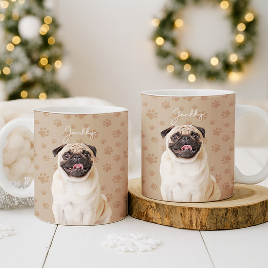 Custom Photo Pet Dog Cat Mug – Personalized Pet Face with Paw Pattern Style 1 TH99