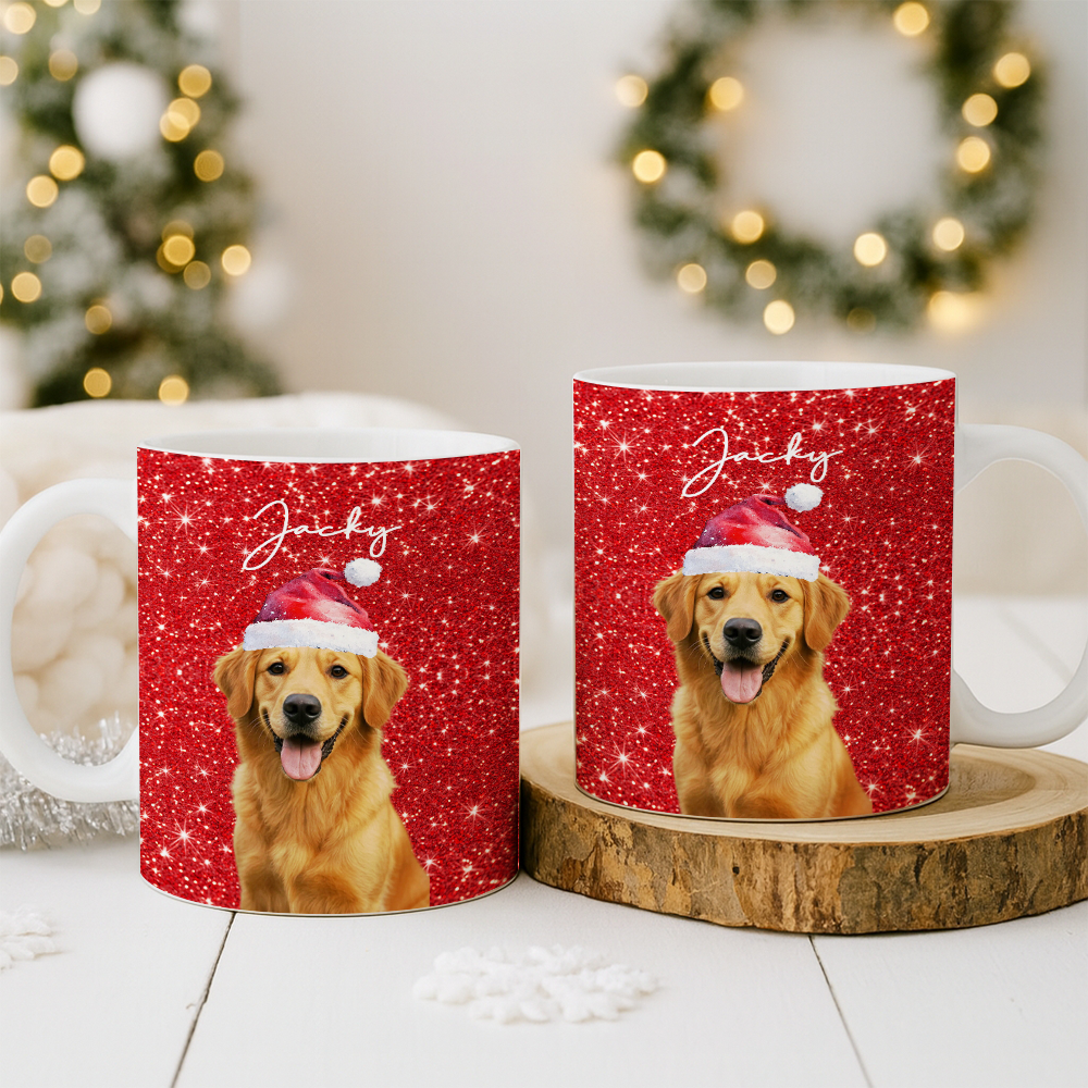 Personalized Dog Photo Christmas Mug – Custom Pet Red Design Ceramic Cup, Holiday Gift for Dog Lovers, Cute Pet Coffee Cup, Custom Xmas Present TH99