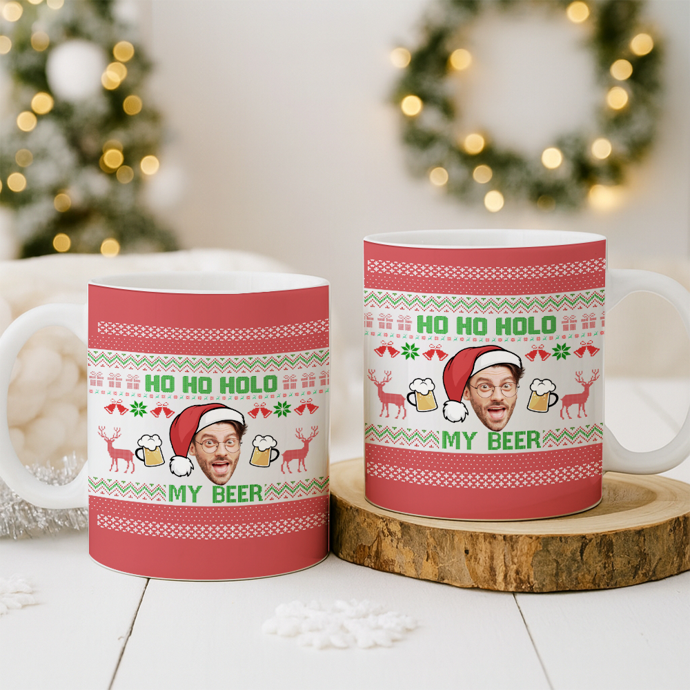 Personalized Photo Face Ho Ho Hold My Beer Christmas Mug – Funny Custom Face Xmas Gift – Holiday Gag Gift for Him TH99