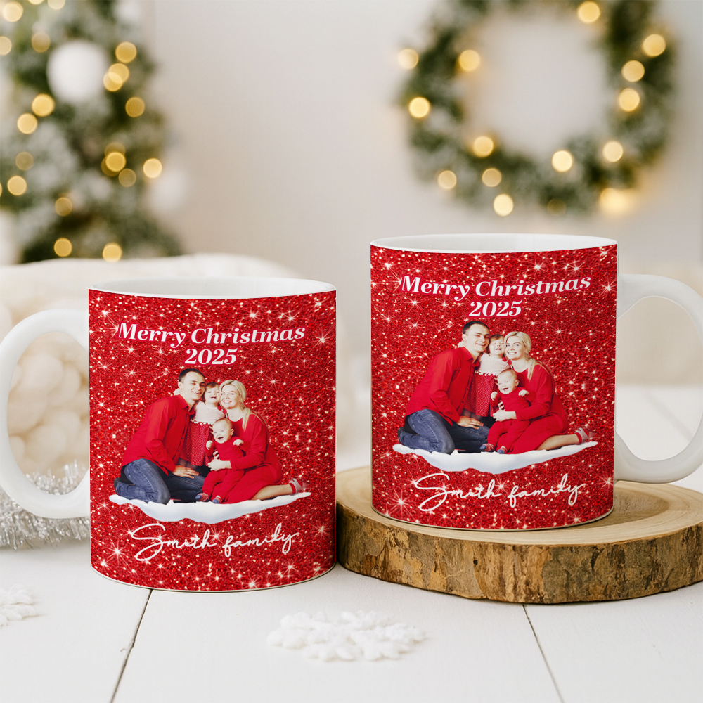 Personalized Family Photo Christmas Mug – Custom Red Design Ceramic Cup, Holiday Gift for Family, Festive Coffee Cup, Custom Xmas PresentTH99