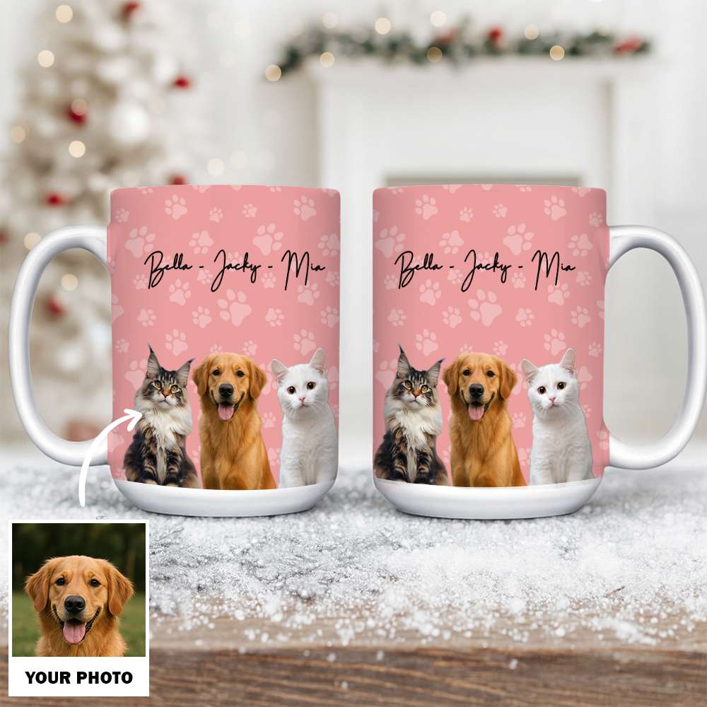Custom Photo Pet Dog Cat Mug – Personalized Pet Face with Paw Pattern Style 2 TH99