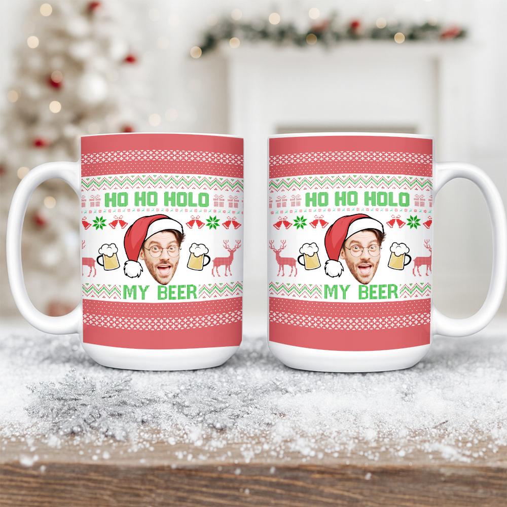 Personalized Photo Face Ho Ho Hold My Beer Christmas Mug – Funny Custom Face Xmas Gift – Holiday Gag Gift for Him TH99