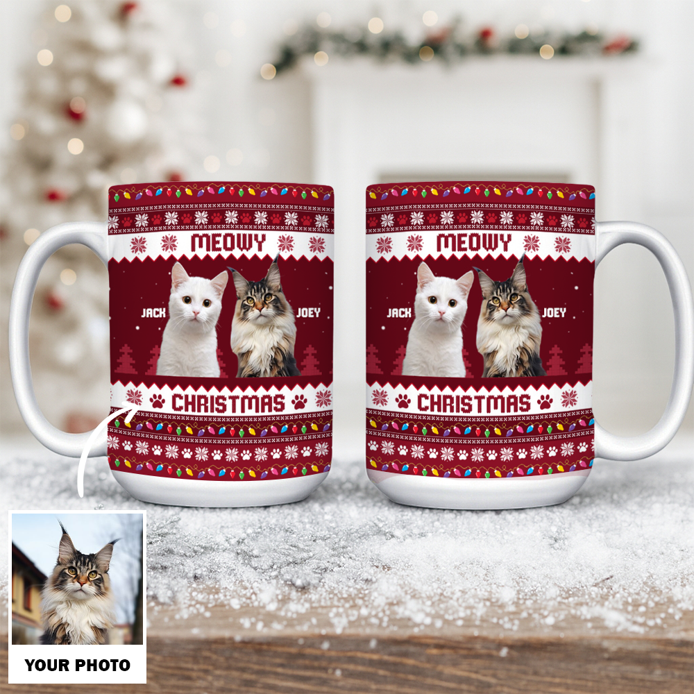 Personalized Photo Cat Meowy Christmas Mug – Custom Pet Face Christmas Gift for Cat Lovers TH99