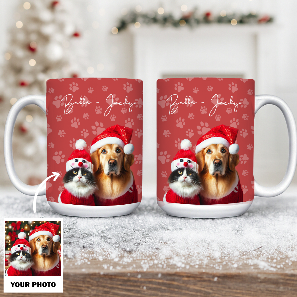 Custom Photo Pet Dog Cat Mug – Personalized Pet Face with Paw Pattern Style 5 TH99