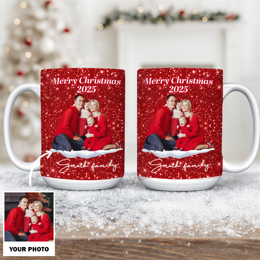Personalized Family Photo Christmas Mug – Custom Red Design Ceramic Cup, Holiday Gift for Family, Festive Coffee Cup, Custom Xmas PresentTH99