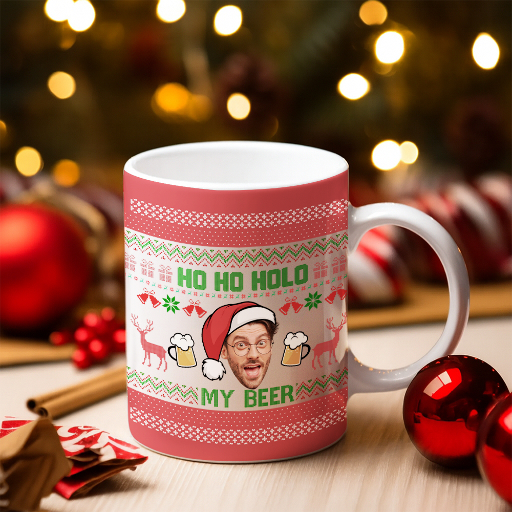 Personalized Photo Face Ho Ho Hold My Beer Christmas Mug – Funny Custom Face Xmas Gift – Holiday Gag Gift for Him TH99