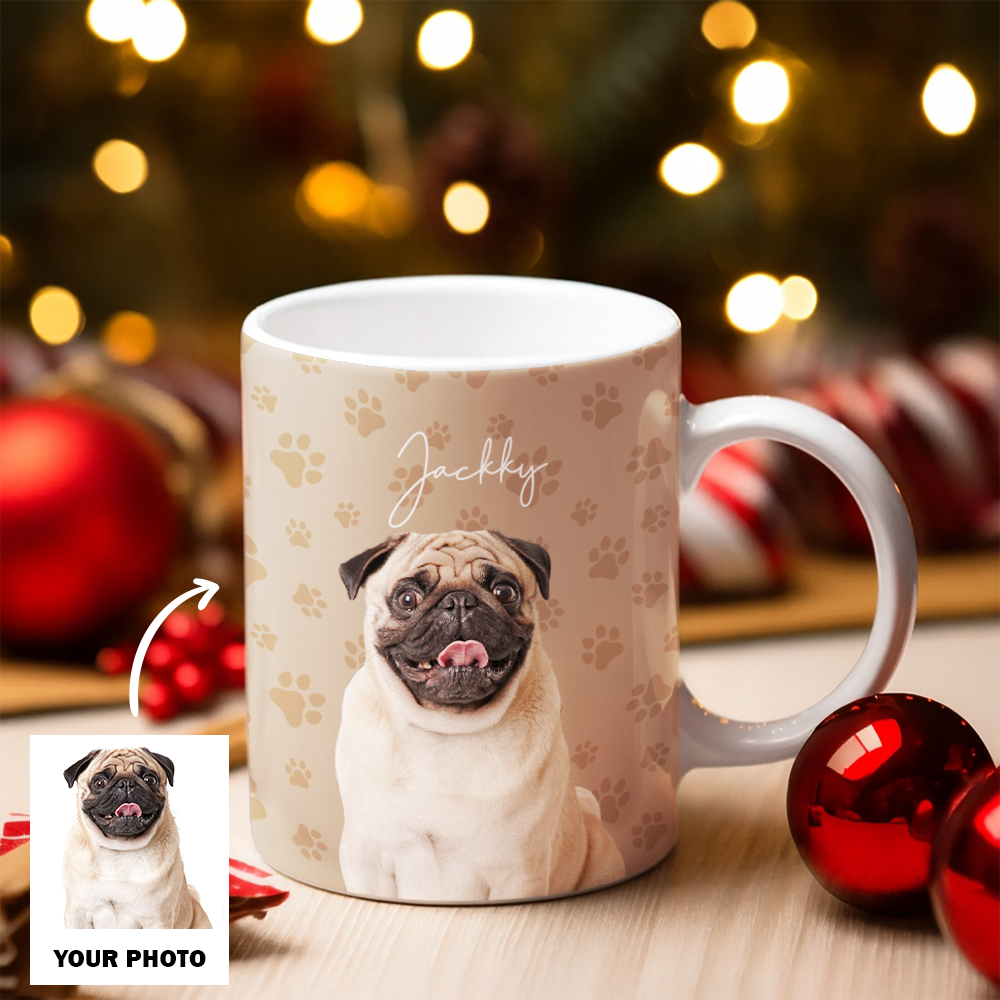 Custom Photo Pet Dog Cat Mug – Personalized Pet Face with Paw Pattern Style 1 TH99