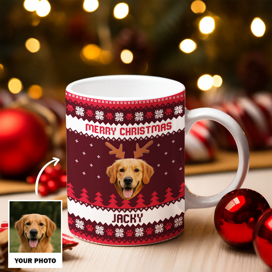 Personalized Dog Photo Merry Christmas Mug – Custom Pet Ceramic Coffee Cup, Holiday Gift for Dog Lovers TH99