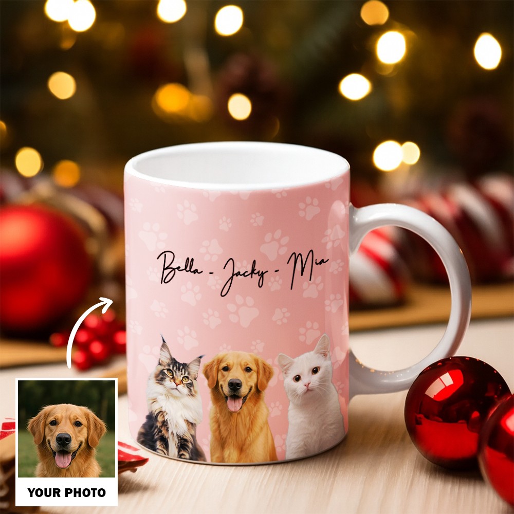 Custom Photo Pet Dog Cat Mug – Personalized Pet Face with Paw Pattern Style 2 TH99