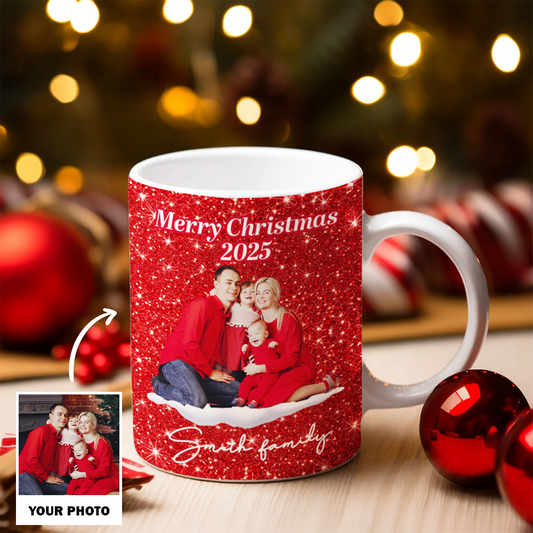 Personalized Family Photo Christmas Mug – Custom Red Design Ceramic Cup, Holiday Gift for Family, Festive Coffee Cup, Custom Xmas PresentTH99