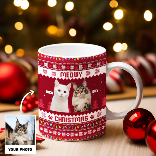 Personalized Photo Cat Meowy Christmas Mug – Custom Pet Face Christmas Gift for Cat Lovers TH99