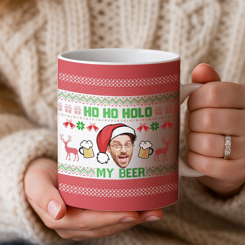 Personalized Photo Face Ho Ho Hold My Beer Christmas Mug – Funny Custom Face Xmas Gift – Holiday Gag Gift for Him TH99