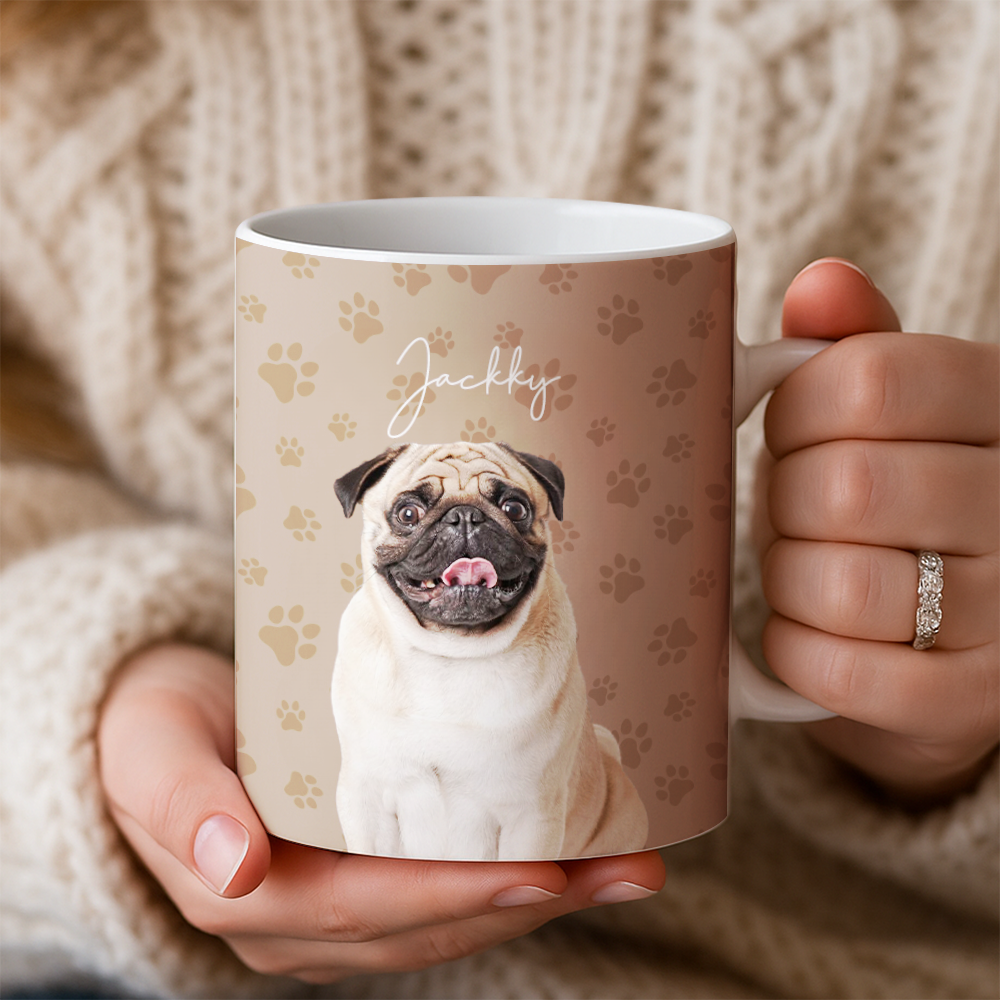 Custom Photo Pet Dog Cat Mug – Personalized Pet Face with Paw Pattern Style 1 TH99