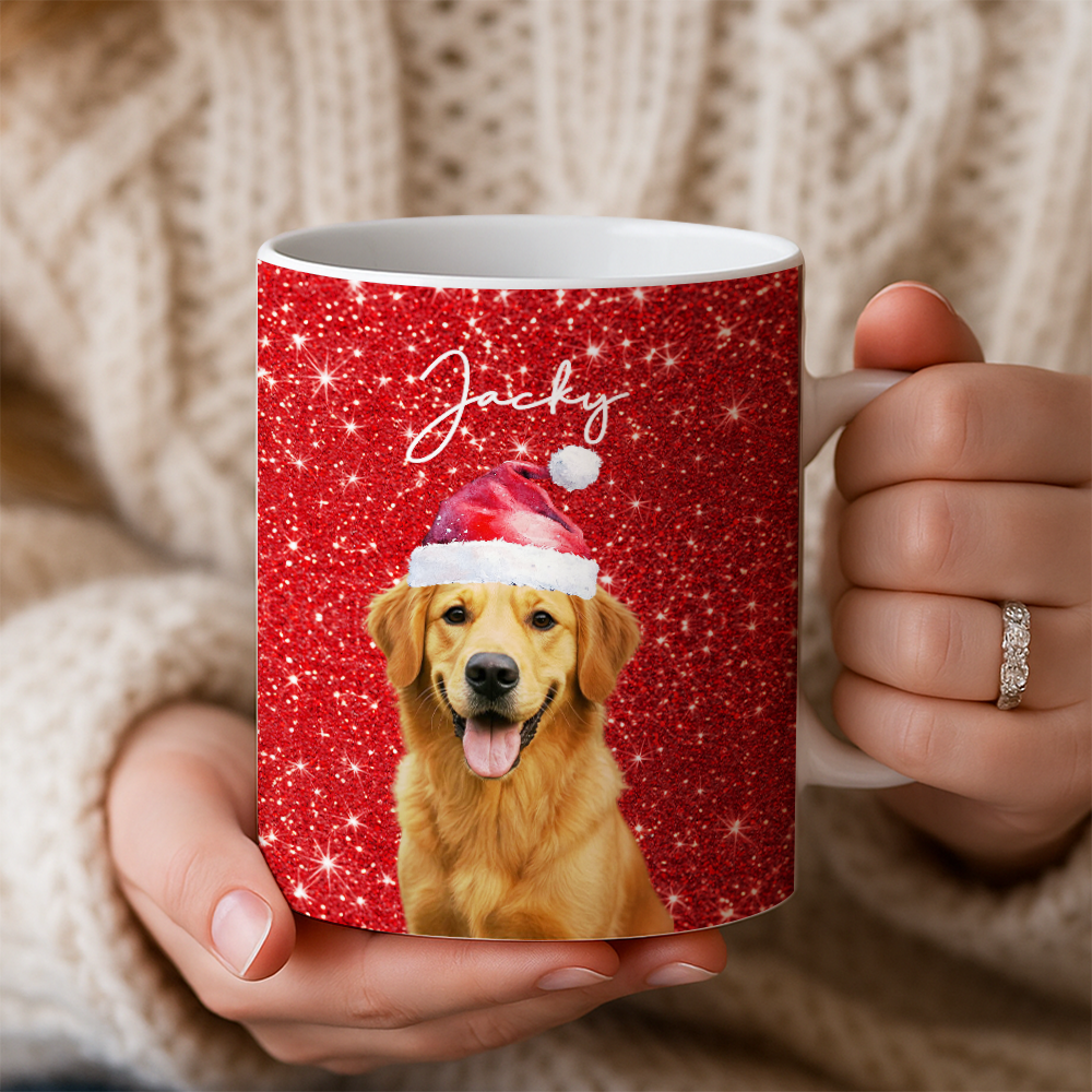 Personalized Dog Photo Christmas Mug – Custom Pet Red Design Ceramic Cup, Holiday Gift for Dog Lovers, Cute Pet Coffee Cup, Custom Xmas Present TH99