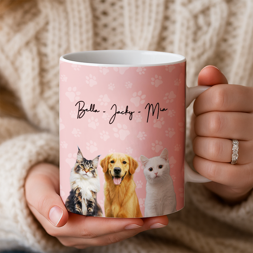 Custom Photo Pet Dog Cat Mug – Personalized Pet Face with Paw Pattern Style 2 TH99