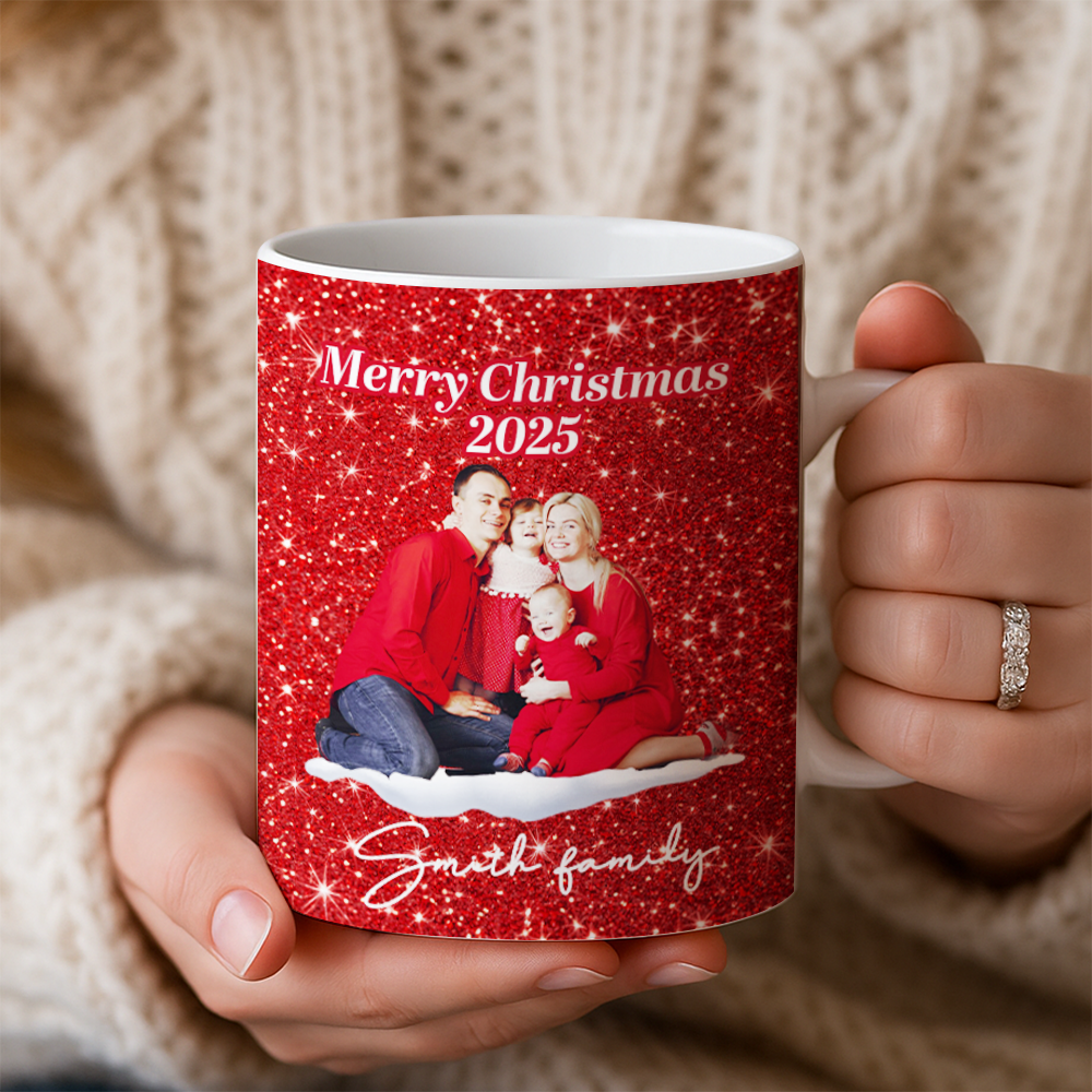 Personalized Family Photo Christmas Mug – Custom Red Design Ceramic Cup, Holiday Gift for Family, Festive Coffee Cup, Custom Xmas PresentTH99