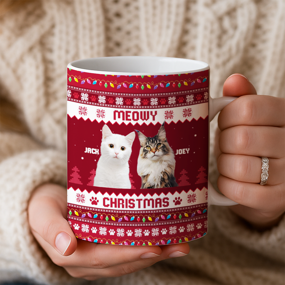 Personalized Photo Cat Meowy Christmas Mug – Custom Pet Face Christmas Gift for Cat Lovers TH99