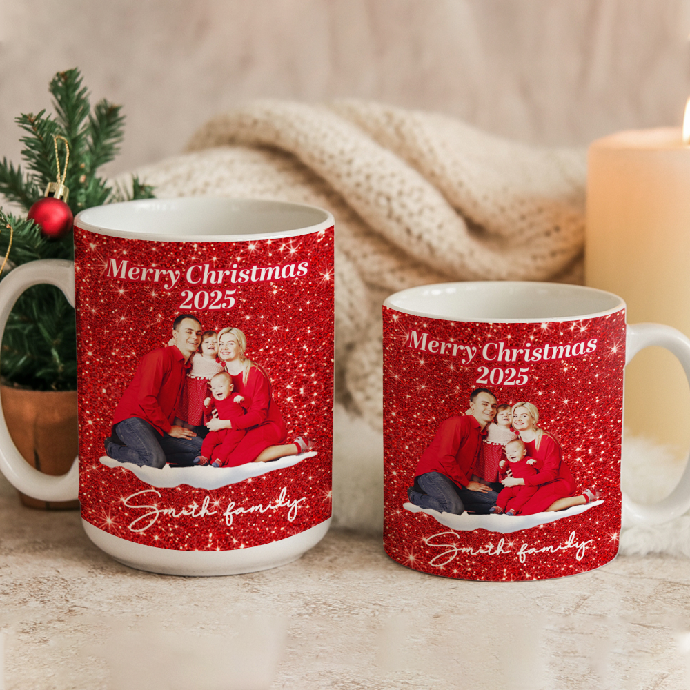 Personalized Family Photo Christmas Mug – Custom Red Design Ceramic Cup, Holiday Gift for Family, Festive Coffee Cup, Custom Xmas PresentTH99