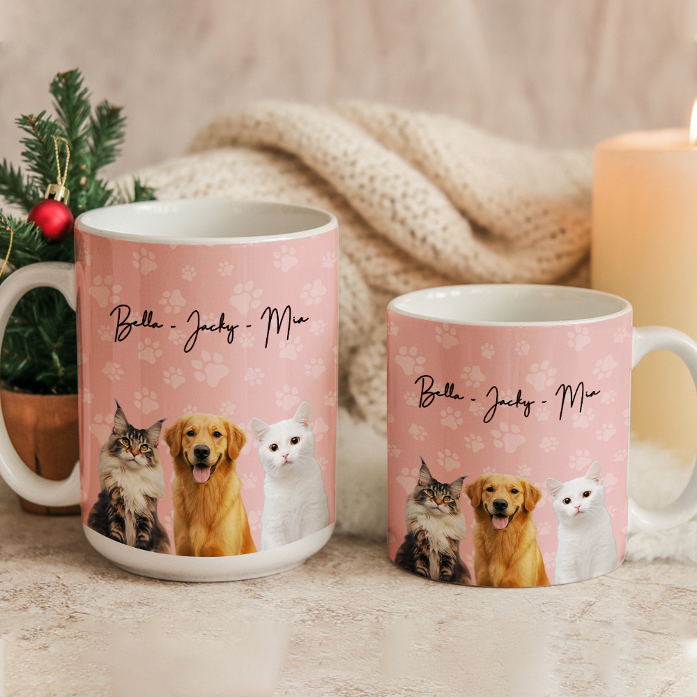 Custom Photo Pet Dog Cat Mug – Personalized Pet Face with Paw Pattern Style 2 TH99