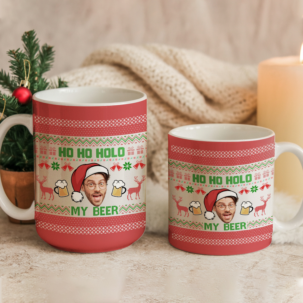 Personalized Photo Face Ho Ho Hold My Beer Christmas Mug – Funny Custom Face Xmas Gift – Holiday Gag Gift for Him TH99