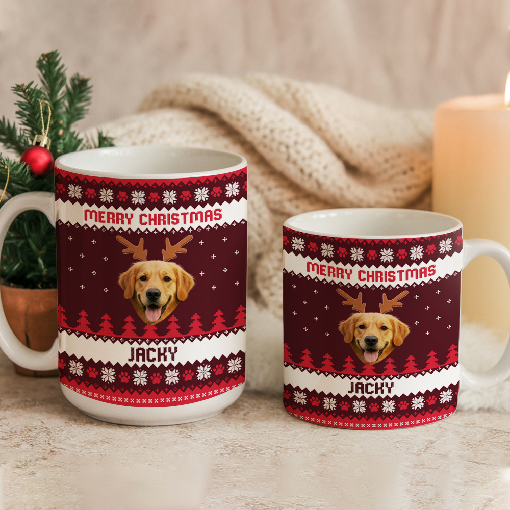 Personalized Dog Photo Merry Christmas Mug – Custom Pet Ceramic Coffee Cup, Holiday Gift for Dog Lovers TH99