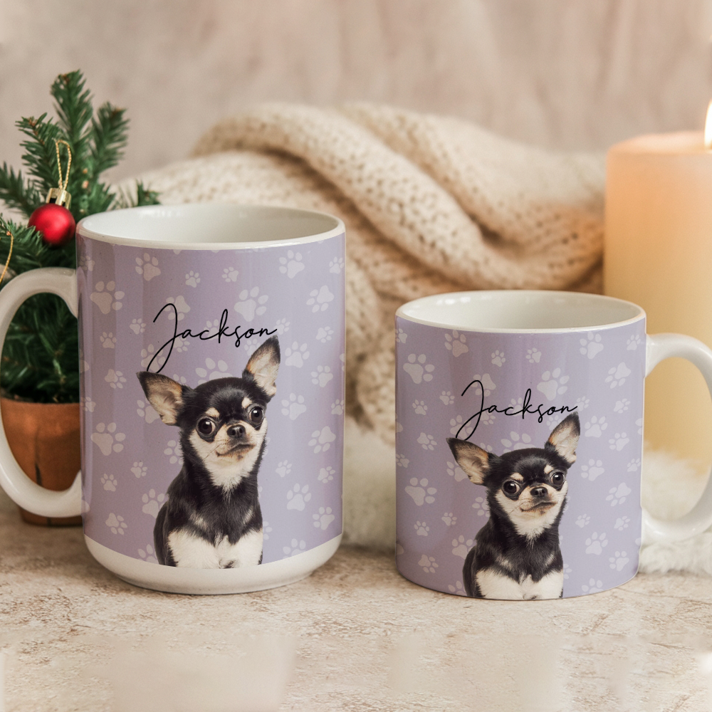 Custom Photo Pet Dog Cat Mug – Personalized Pet Face with Paw Pattern Style 4 TH99