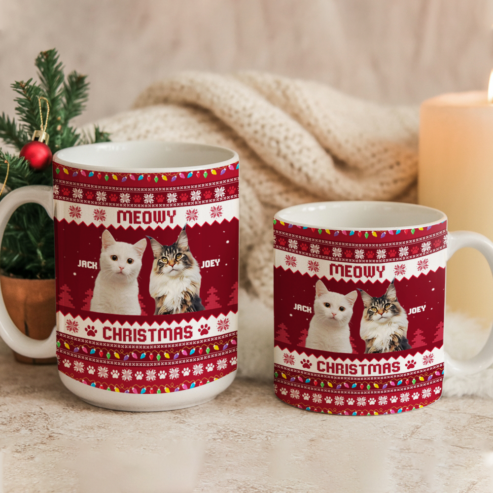 Personalized Photo Cat Meowy Christmas Mug – Custom Pet Face Christmas Gift for Cat Lovers TH99
