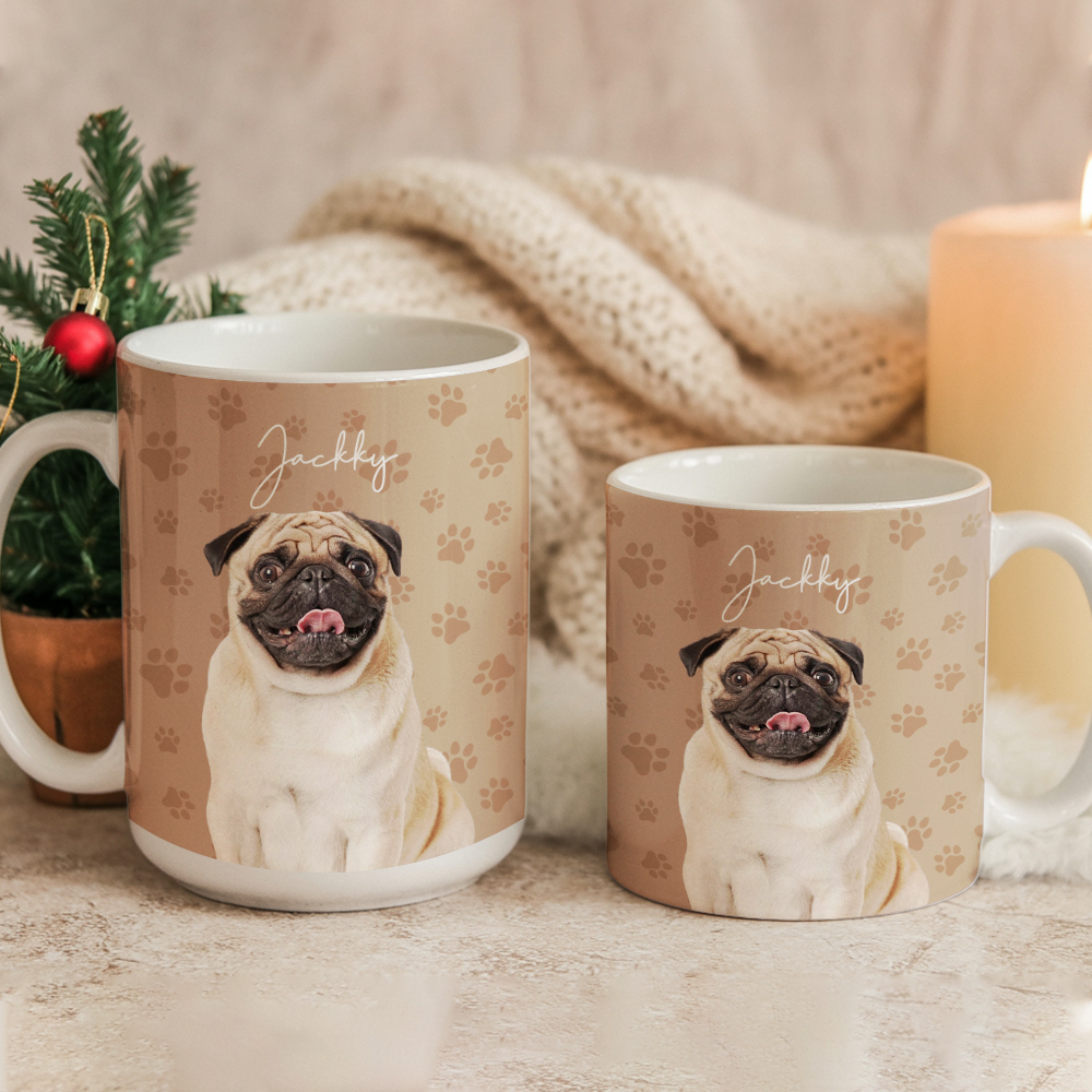 Custom Photo Pet Dog Cat Mug – Personalized Pet Face with Paw Pattern Style 1 TH99