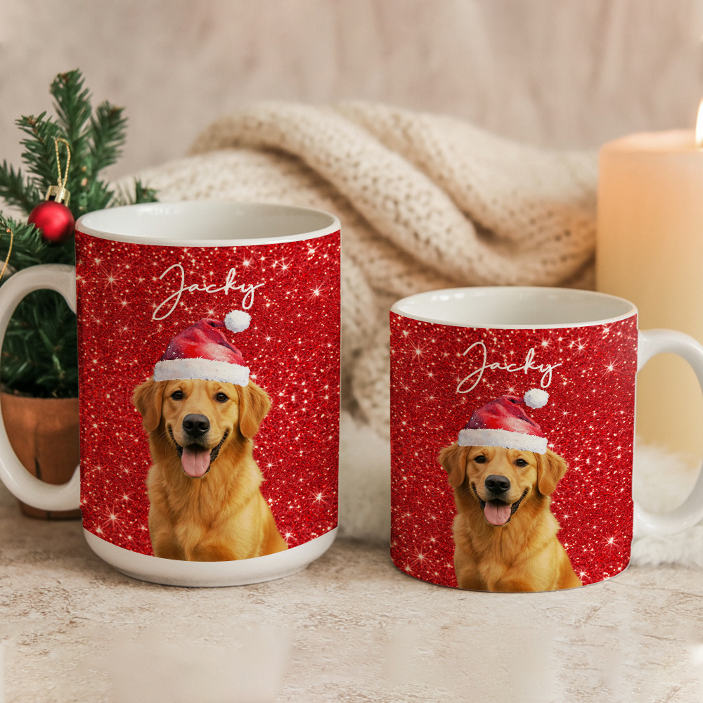 Personalized Dog Photo Christmas Mug – Custom Pet Red Design Ceramic Cup, Holiday Gift for Dog Lovers, Cute Pet Coffee Cup, Custom Xmas Present TH99
