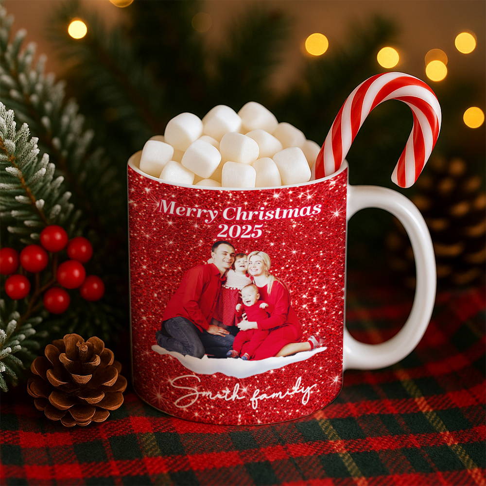 Personalized Family Photo Christmas Mug – Custom Red Design Ceramic Cup, Holiday Gift for Family, Festive Coffee Cup, Custom Xmas PresentTH99