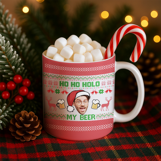 Personalized Photo Face Ho Ho Hold My Beer Christmas Mug – Funny Custom Face Xmas Gift – Holiday Gag Gift for Him TH99
