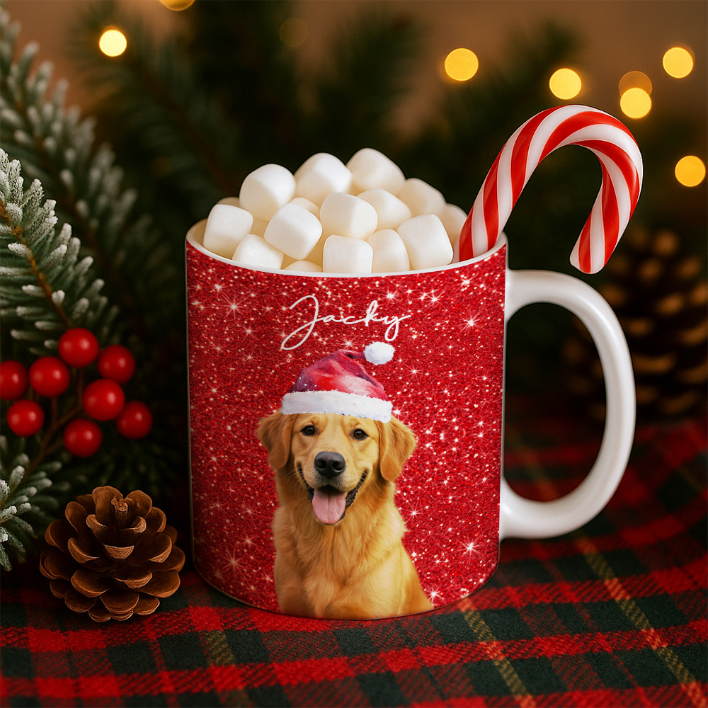Personalized Dog Photo Christmas Mug – Custom Pet Red Design Ceramic Cup, Holiday Gift for Dog Lovers, Cute Pet Coffee Cup, Custom Xmas Present TH99