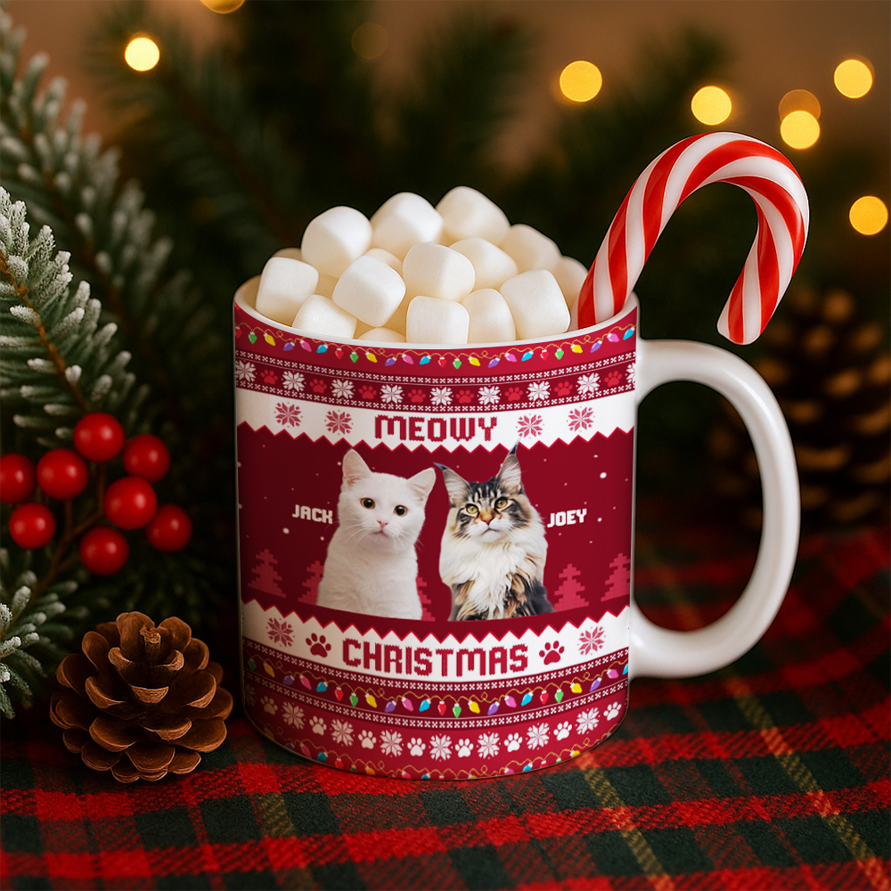 Personalized Photo Cat Meowy Christmas Mug – Custom Pet Face Christmas Gift for Cat Lovers TH99