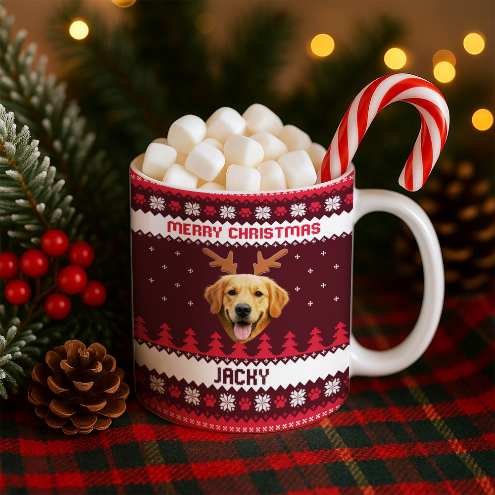 Personalized Dog Photo Merry Christmas Mug – Custom Pet Ceramic Coffee Cup, Holiday Gift for Dog Lovers TH99