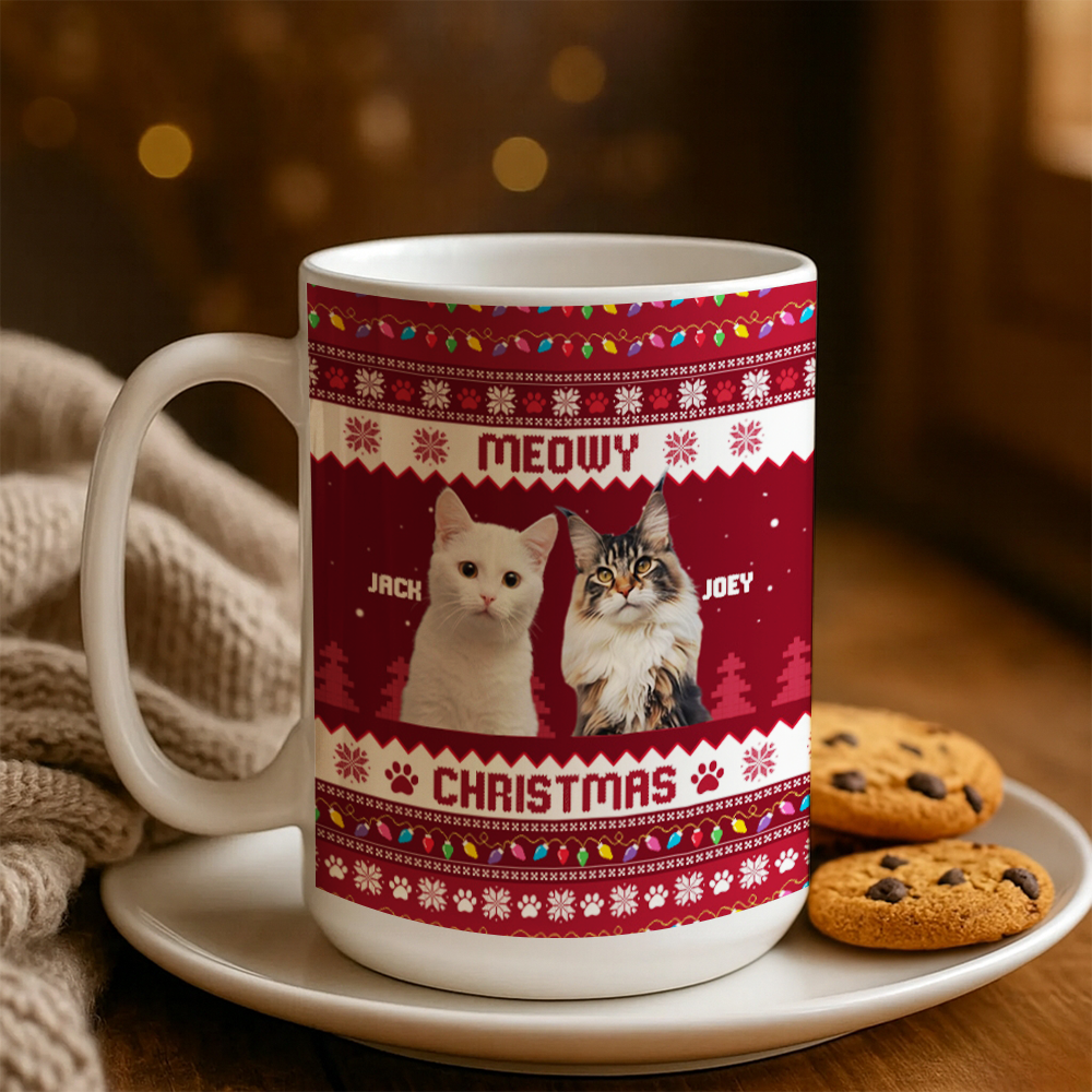 Personalized Photo Cat Meowy Christmas Mug – Custom Pet Face Christmas Gift for Cat Lovers TH99
