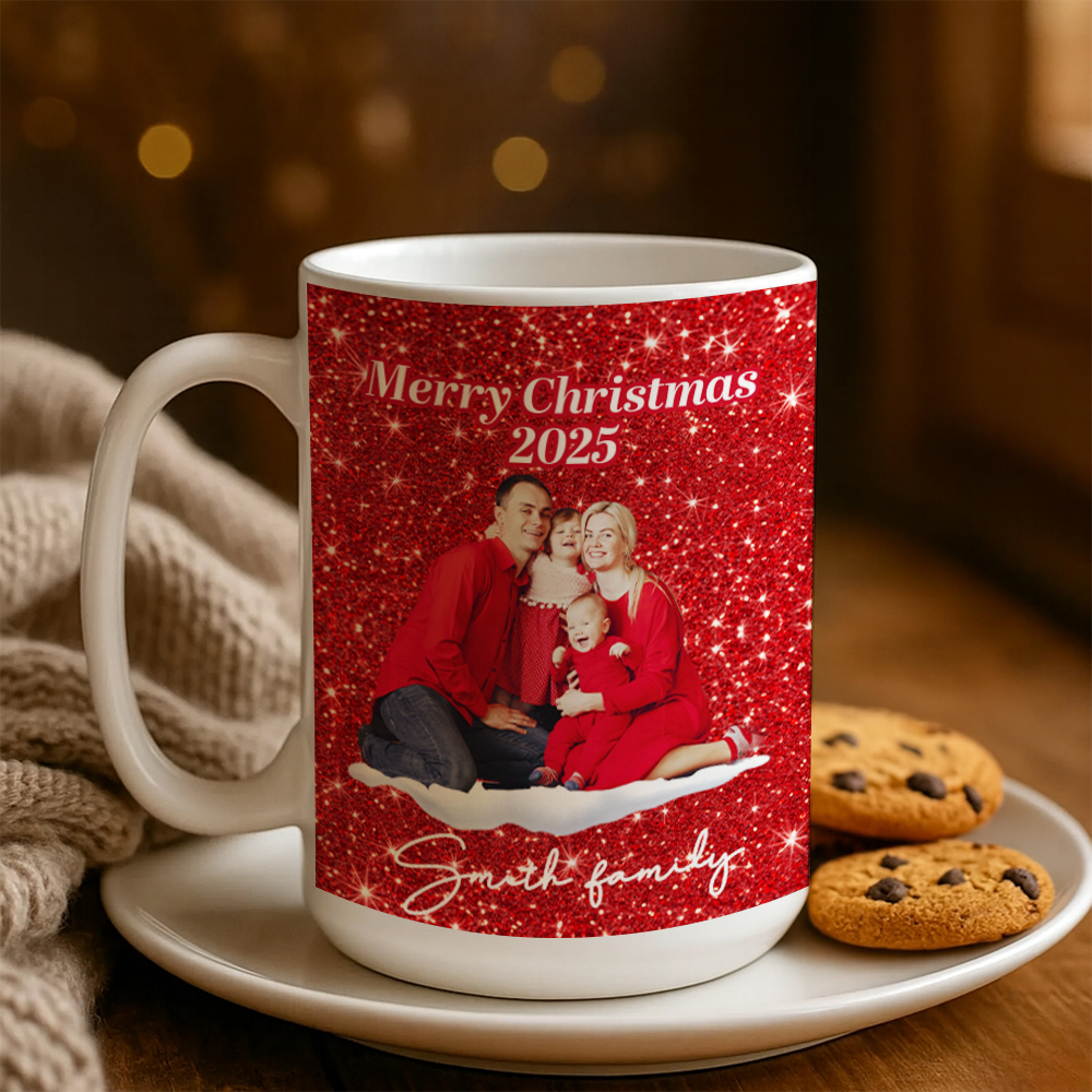 Personalized Family Photo Christmas Mug – Custom Red Design Ceramic Cup, Holiday Gift for Family, Festive Coffee Cup, Custom Xmas PresentTH99